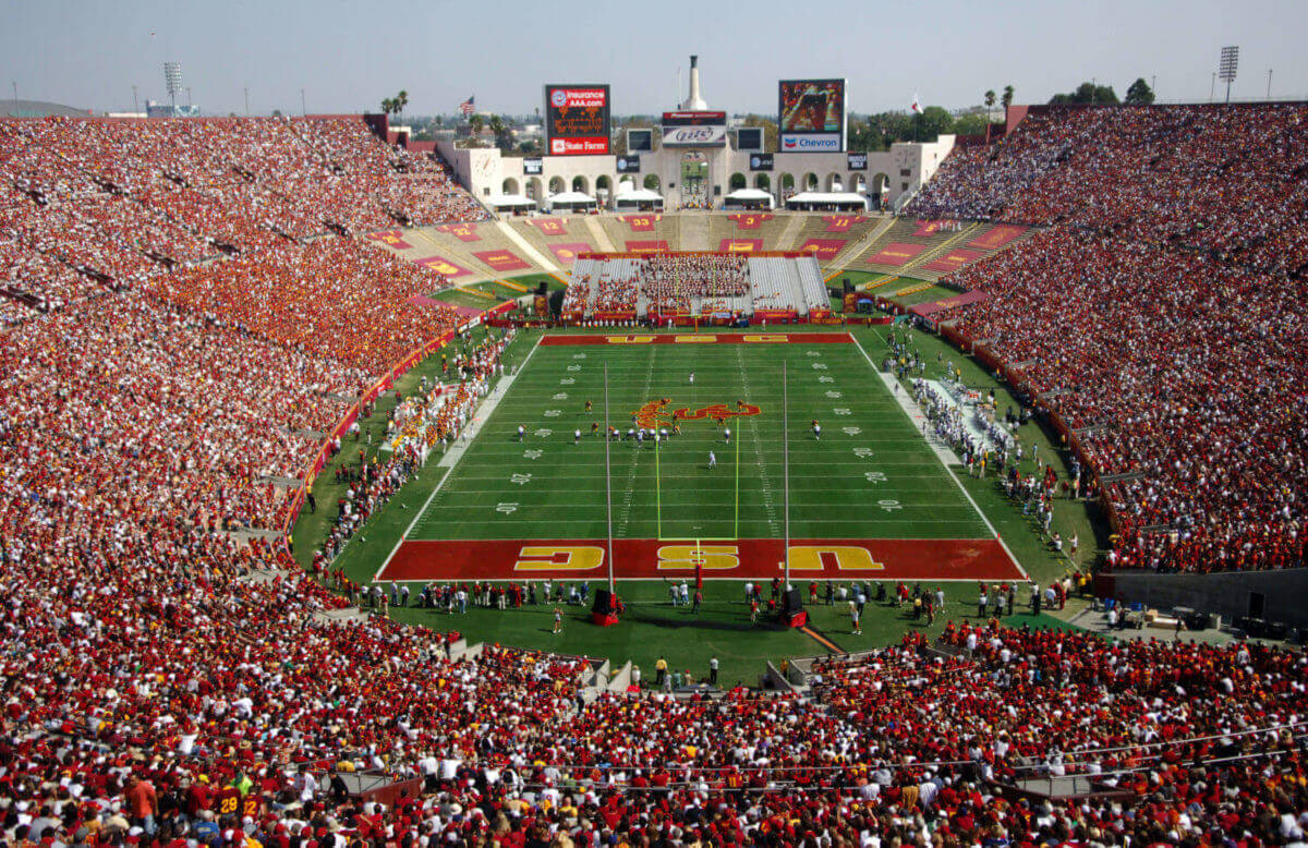Aerial view of Los Angeles Coliseum filled with fans